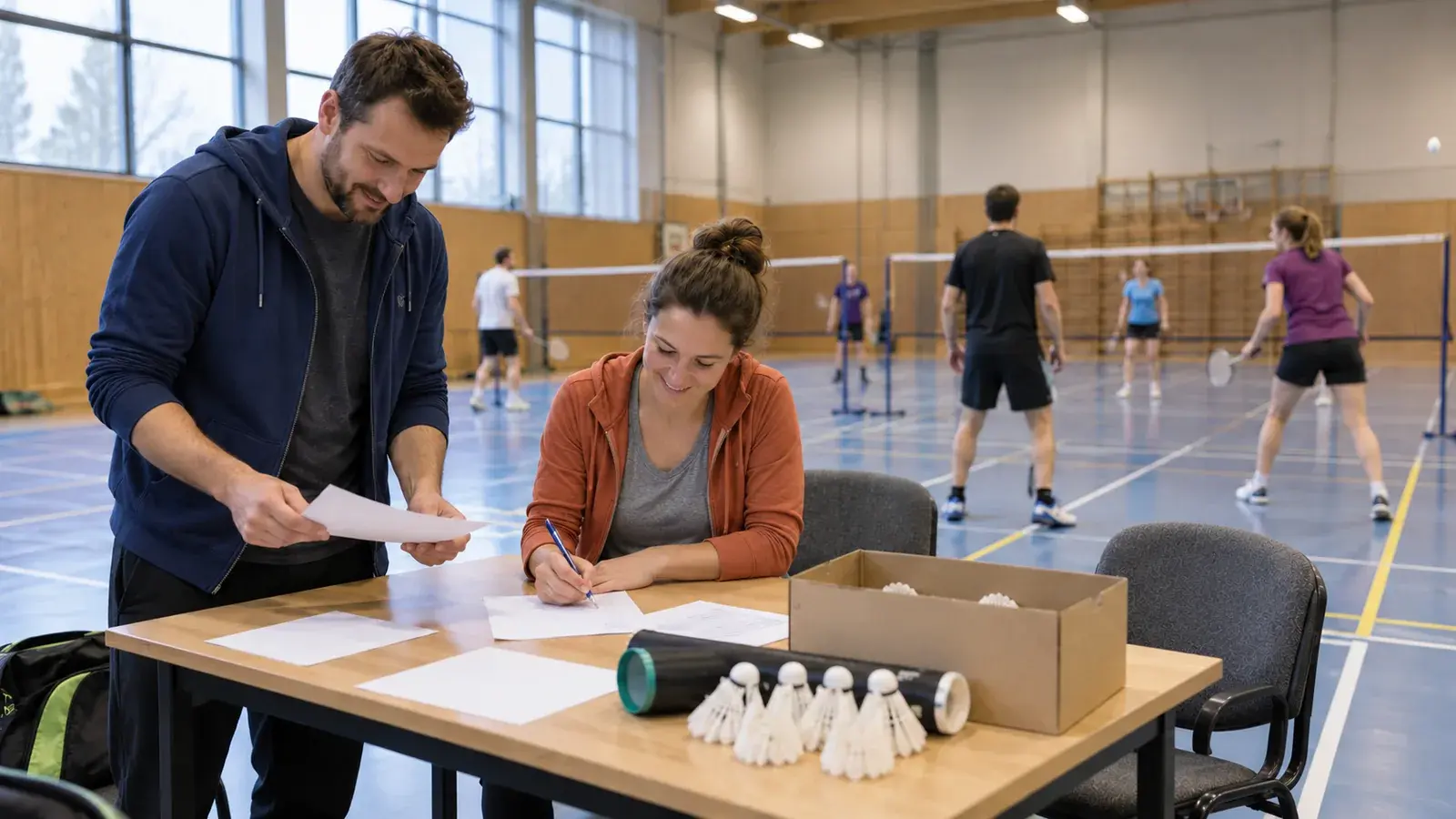 Organizátoři malého badmintonového turnaje připravují podklady ve sportovní hale.