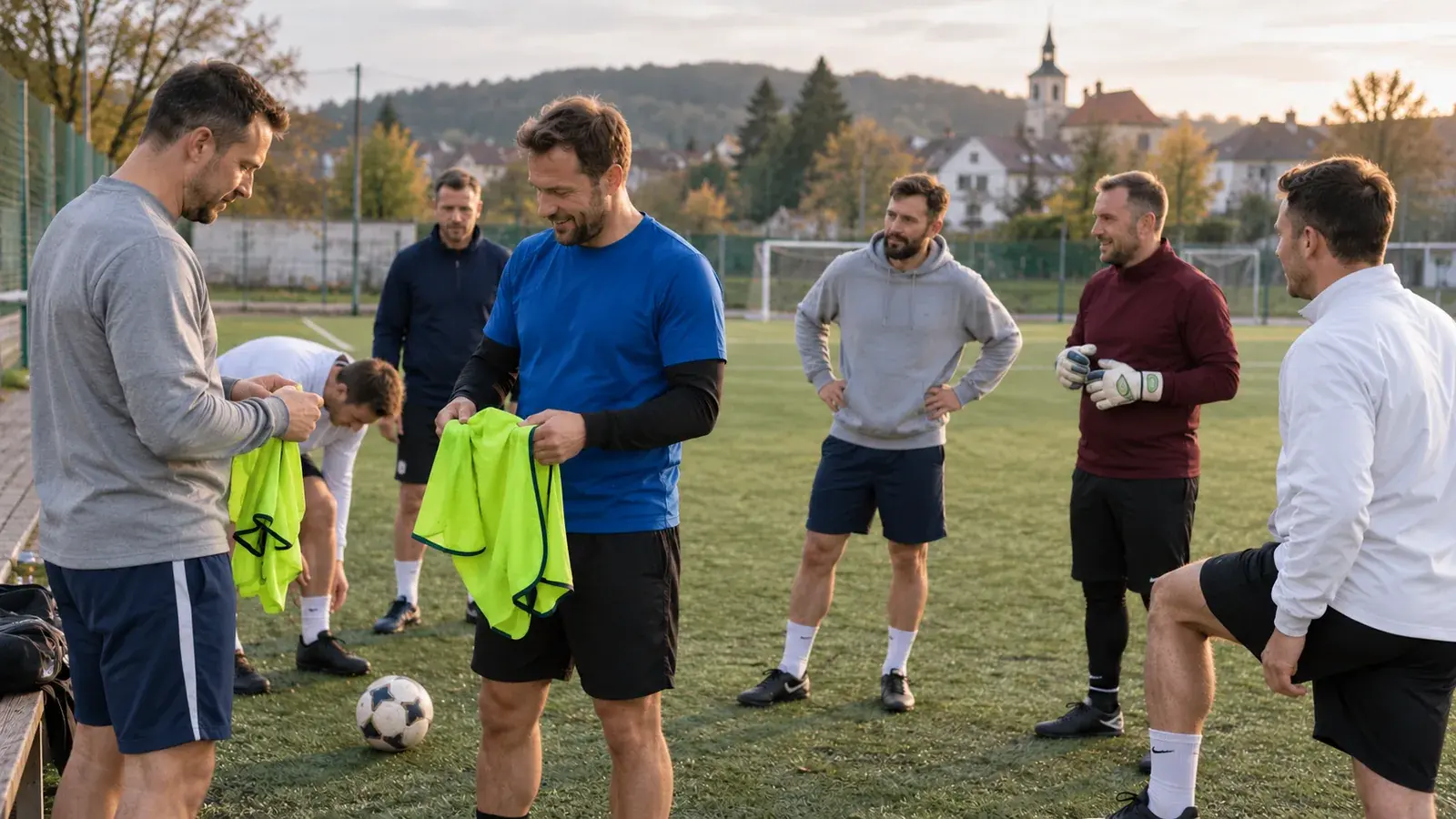 Fotbalisté s brankářem připravují rozlišovací vesty před společnou hrou.
